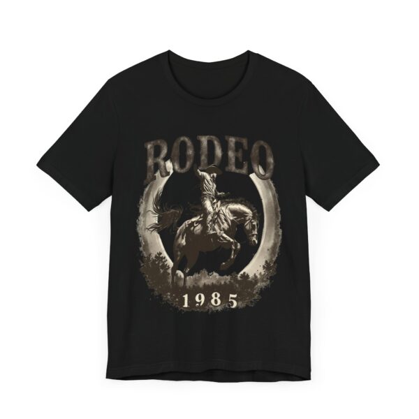 Distressed Vintage Rodeo Nights 1985 T-Shirt - Bronco Rider in Sepia Tones for Cowboy Enthusiasts - Image 3