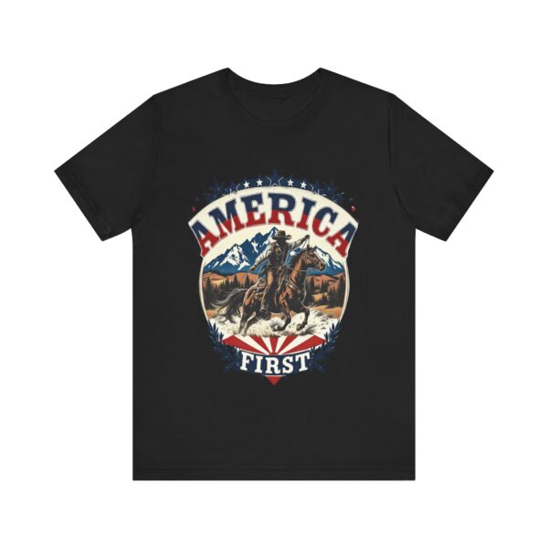 America First T-Shirt – Cowboy Courage Emblem with Patriotic Flair