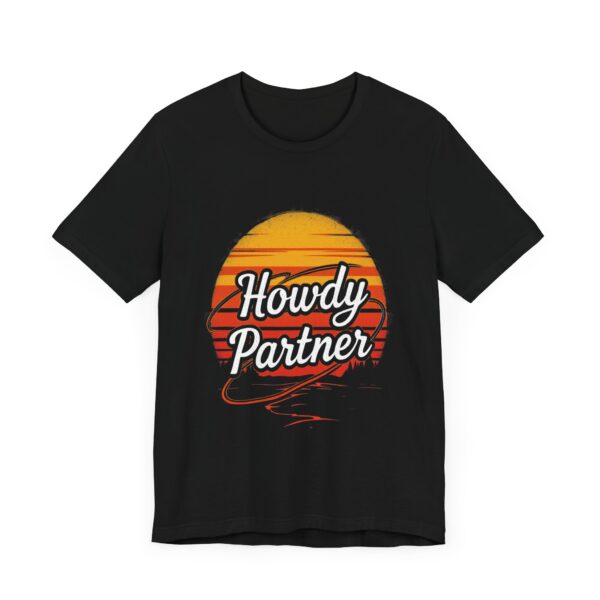 Retro "Howdy Partner" Sunset Lasso T-Shirt Design - Vintage Cowboy Graphic Tee — Western Apparel - Image 3