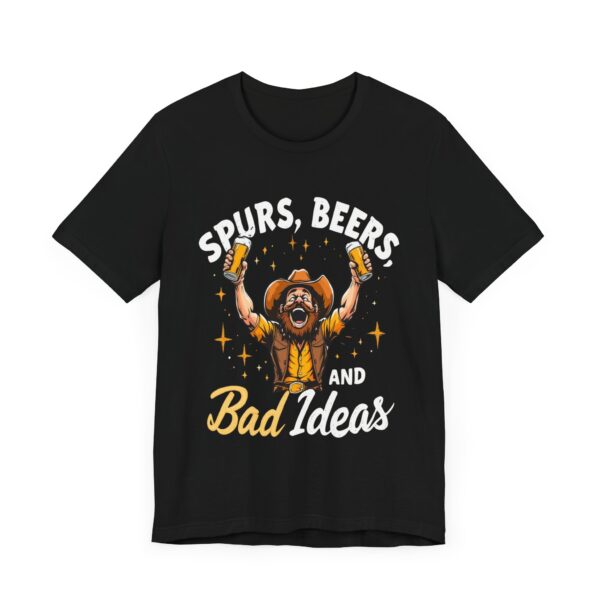 Spurs, Beers, and Bad Ideas T-Shirt – Cowboy Raising Bottle Toast Graphic Tee - Image 3