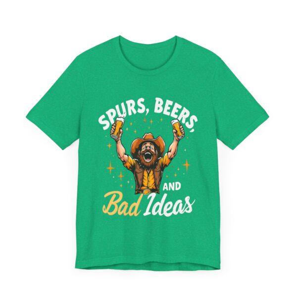 Spurs, Beers, and Bad Ideas T-Shirt – Cowboy Raising Bottle Toast Graphic Tee - Image 11