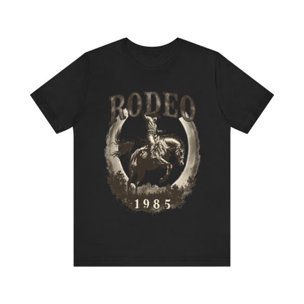 Distressed Vintage Rodeo Nights 1985 T-Shirt - Bronco Rider in Sepia Tones for Cowboy Enthusiasts