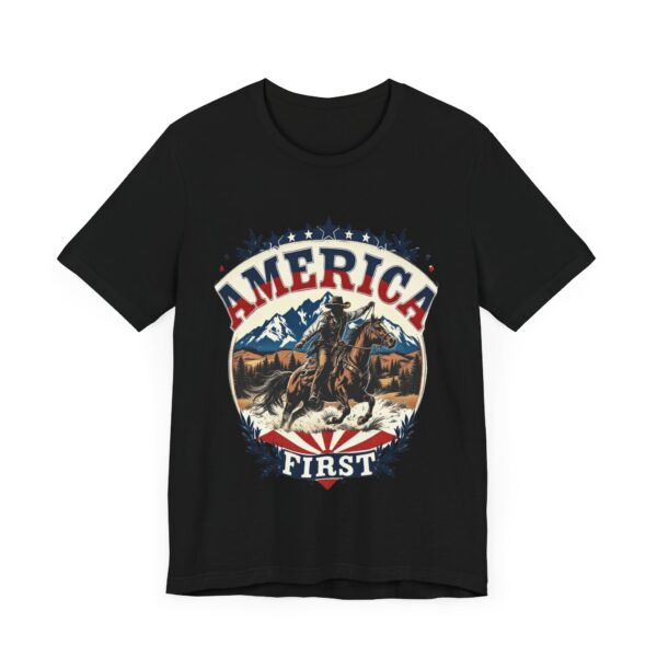 America First T-Shirt – Cowboy Courage Emblem with Patriotic Flair - Image 3